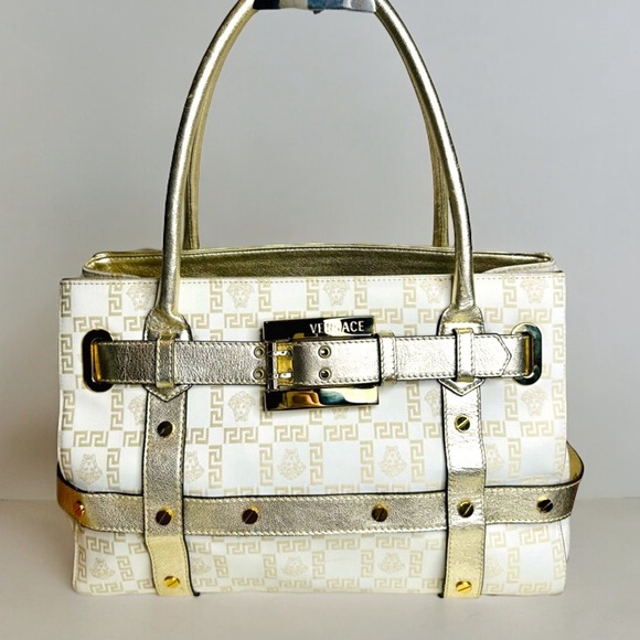 EUC VERSACE Medusa Gold & Cream Logo Print Canvas & Leather Shoulder Bag - Picture 1 of 17